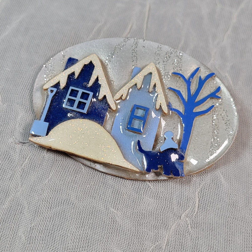 Lucinda House Pins Snowy Winter Village Dog Brooch Blue White Glitter Holiday
